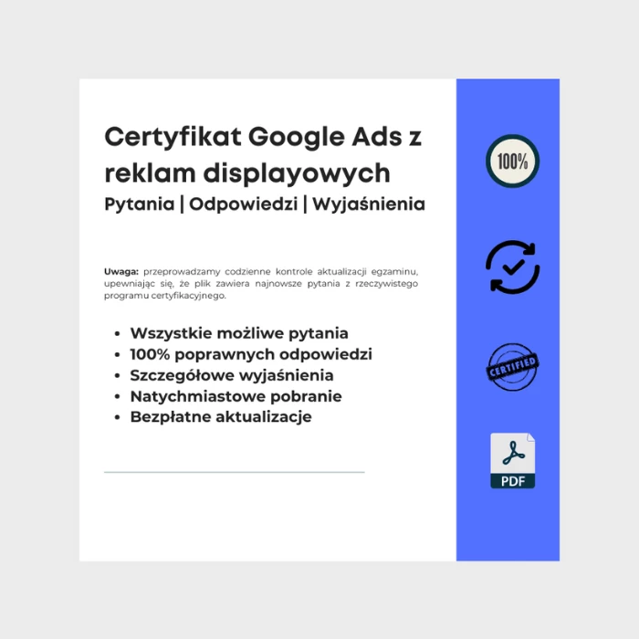 Obraz przedstawiający okładkę e-booka zatytułowanego Certyfikat Google Ads z reklam displayowych